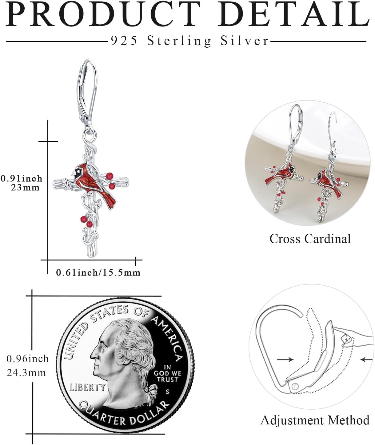 Sterling Silver Red Cardinal Cross Earrings Hypoallergenic Memorial Gift-0-2