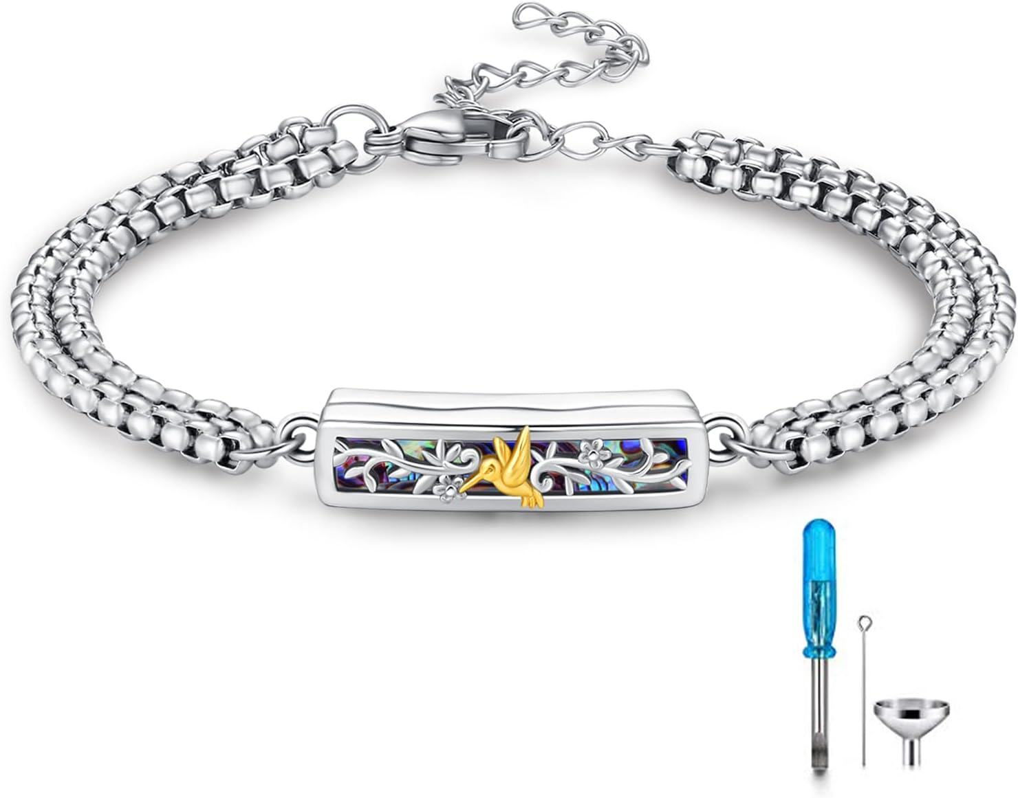 wholesale 925 Sterling Silver Hummingbird Floral Cremation Urn Bracelet for Women - Memorial Keepsake Jewelry with Funnel and Fill Tool-0-0