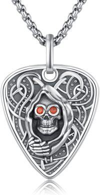 wholesale 925 Sterling Silver Gothic Grim Reaper Pendant Necklace with Red Eyes and Celtic Knot Design - Halloween Jewelry for Women & Men-Guitar Plectrum Skull