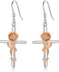 wholesale 925 Sterling Silver Rose Cross Hook Earrings for Women Girls  4cm Long-0-0