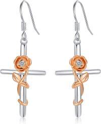 wholesale 925 Sterling Silver Rose Cross Hook Earrings for Women Girls  4cm Long-Rose Cross