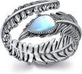 wholesale 925 Sterling Silver Turquoise Moonstone Feather Ring Adjustable Navajo Jewelry Gift-0-0
