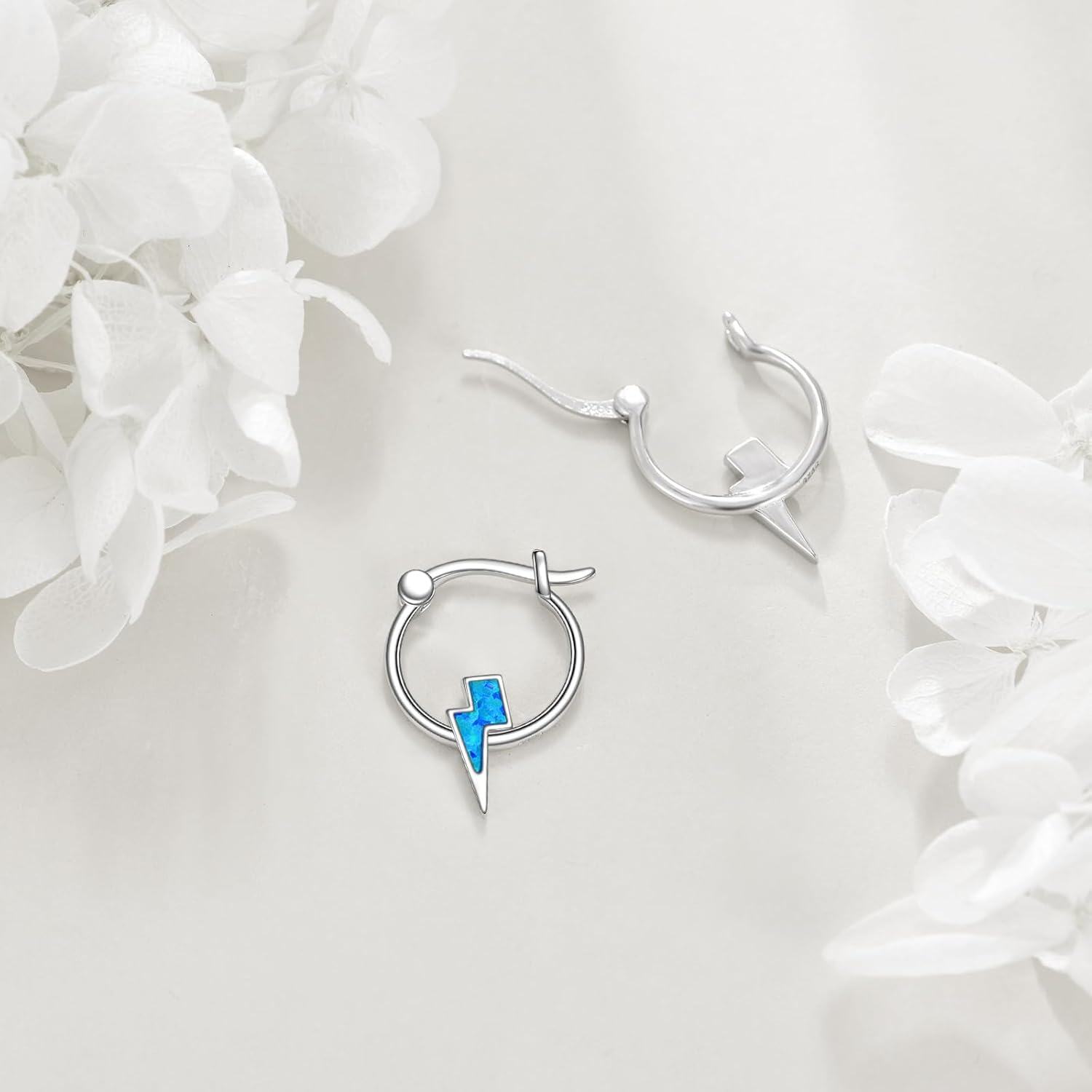wholesale 925 Sterling Silver Lightning Bolt Blue Opal Stone Huggie Hoop Earrings-0-4