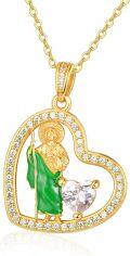 wholesale Gold-Plated 925 Sterling Silver St. Jude Heart Pendant Necklace with Green Stone and Cubic Zirconia for Women-0-0