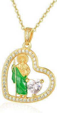 wholesale Gold-Plated 925 Sterling Silver St. Jude Heart Pendant Necklace with Green Stone and Cubic Zirconia for Women-san judas necklace-02