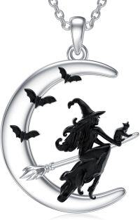 wholesale 925 Sterling Silver Halloween Witch on Broomstick Crescent Moon & Ghosts Pendant Necklace-2-Witch Broom