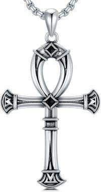 wholesale 925 Sterling Silver Ankh Cross Pendant Necklace  for Men & Women - Protection Amulet Religious Jewelry with 24+2mm Rolo Chain (Gift Included)-E-Ankh