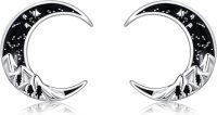 wholesale 925 Sterling Silver Crescent Moon Star Stud Earrings with Black Enamel and Rhinestones for Women & Men-Mountain Moon Earrings