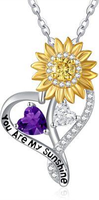 wholesale S925 Sterling Silver Sunflower Necklace with 1Ct Amethyst & Simulated Diamond, 18 Chain, Love Heart Pendant, Birthstone Gift for Women-02-04-Feb-Apr