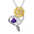 wholesale S925 Sterling Silver Sunflower Necklace Wholesale with 1Ct Amethyst & Simulated Diamond, 18 Chain, Love Heart Pendant, Birthstone Gift for Women-0-0