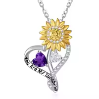 wholesale S925 Sterling Silver Sunflower Necklace Wholesale with 1Ct Amethyst & Simulated Diamond, 18 Chain, Love Heart Pendant, Birthstone Gift for Women-02-04-Feb-Apr
