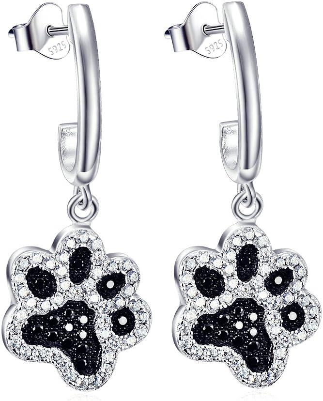 Sterling Silver Hypoallergenic Drop Dangle Earrings for Women-Paw (Black&White)