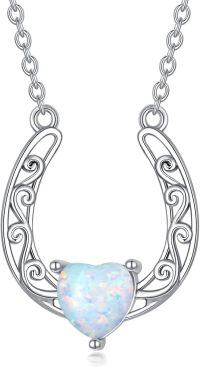 wholesale 925 Sterling Silver Heart Opal Lucky Horse Shoe Charm Necklace for Women Girls-Horseshoe