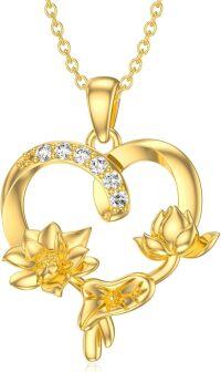 wholesale 14K Gold Lotus Heart Shape Diamond Pendant Necklace for Women 18 Inches-July-Lotus