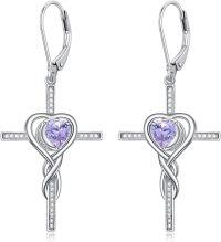 wholesale TOUPOP Cross Earrings For Women Infinity Alexandrite Cross Earrings Sterling Silver Religious Jewelry June Birthstone Earring With Heart Crystal Birthday Gifts For Women -undefined