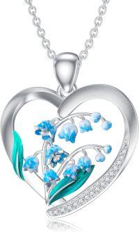 wholesale 925 Sterling Silver Blue Lily of the Valley Birth Flower Heart Pendant Necklace for Women-5-May-Lily of the Valley