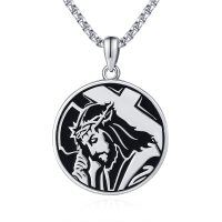 wholesale 925 Sterling Silver Jesus Christ Crown Of Thorns Cross Pendant Necklace-Jesus Round Medal