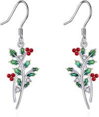 wholesale 925 Sterling Silver Purple Poppy Flower Drop Dangle Earrings with Green Leaves and CZ Stones for Women Girls -Drop-December-Holly Earrings
