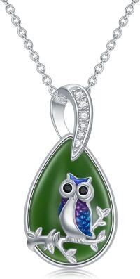 wholesale 925 Sterling Silver Green Jade Pendant Necklace with Blue Enamel Owl Design Gift for Her-Owl-White Gold