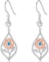 wholesale 925 Sterling Silver Rose Dangle Earrings with Birthstone Flower Jewelry for Women-December-Blue Topaz