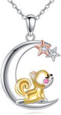wholesale 925 Sterling Silver Squirrel on Crescent Moon Pendant Necklace with Stars and Stones for Women-0-0