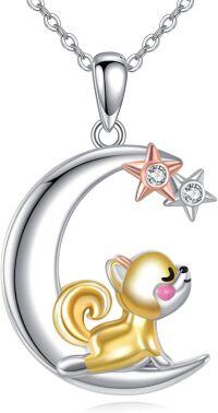 wholesale 925 Sterling Silver Squirrel on Crescent Moon Pendant Necklace with Stars and Stones for Women-Puppy