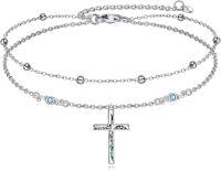 wholesale 925 Sterling Silver Blue Crystal Cross Ankle Anklet for Women Girls Religious Foot  6-8 Adjustable Length-Luxury cross anklet