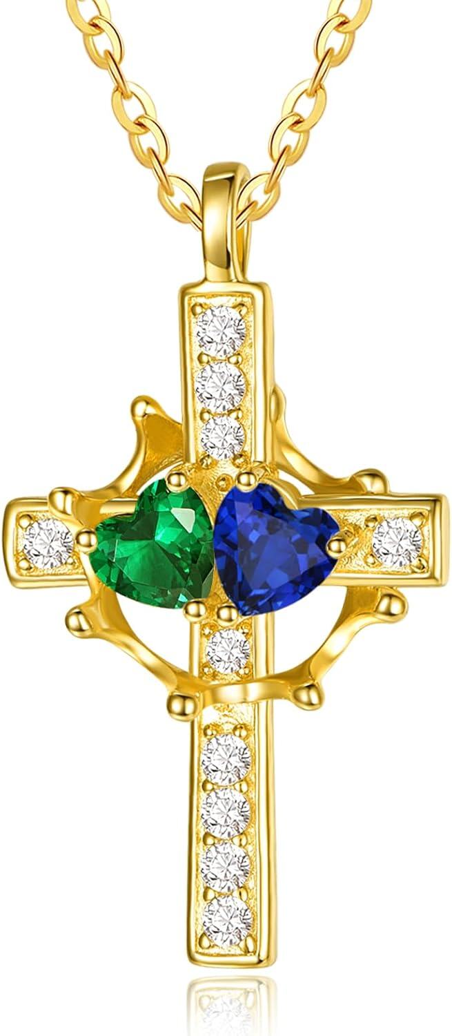 Sterling Silver Birthstones Gold Cross Necklace for Women -05-09-May-Sept-05-09-May-Sept