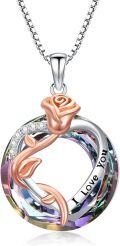 wholesale 925 Sterling Silver Crystal Heart & Rose Pendant Necklaces Gifts for Women-0-0