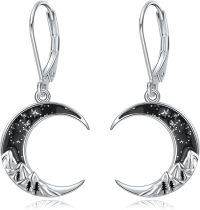 wholesale 925 Sterling Silver Crescent Moon Mountain Landscape Leverback Earrings-Mountain Moon Earrings Black