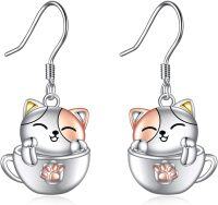 wholesale 925 Sterling Silver Black Cat Teacup Dangle Earrings for Women Girls Gifts-white cat