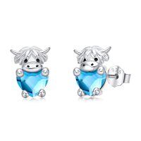 wholesale 925 Sterling Silver Birthstone Highland Cow Stud Earrings Cute Animal Jewelry Gift for Women Girls-Silver-03-Mar