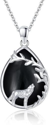 wholesale Sterling Silver Moonstone Celtic Wolf Necklace Crescent Moon Wolf Pendant-Teardrop Wolf Black Agate