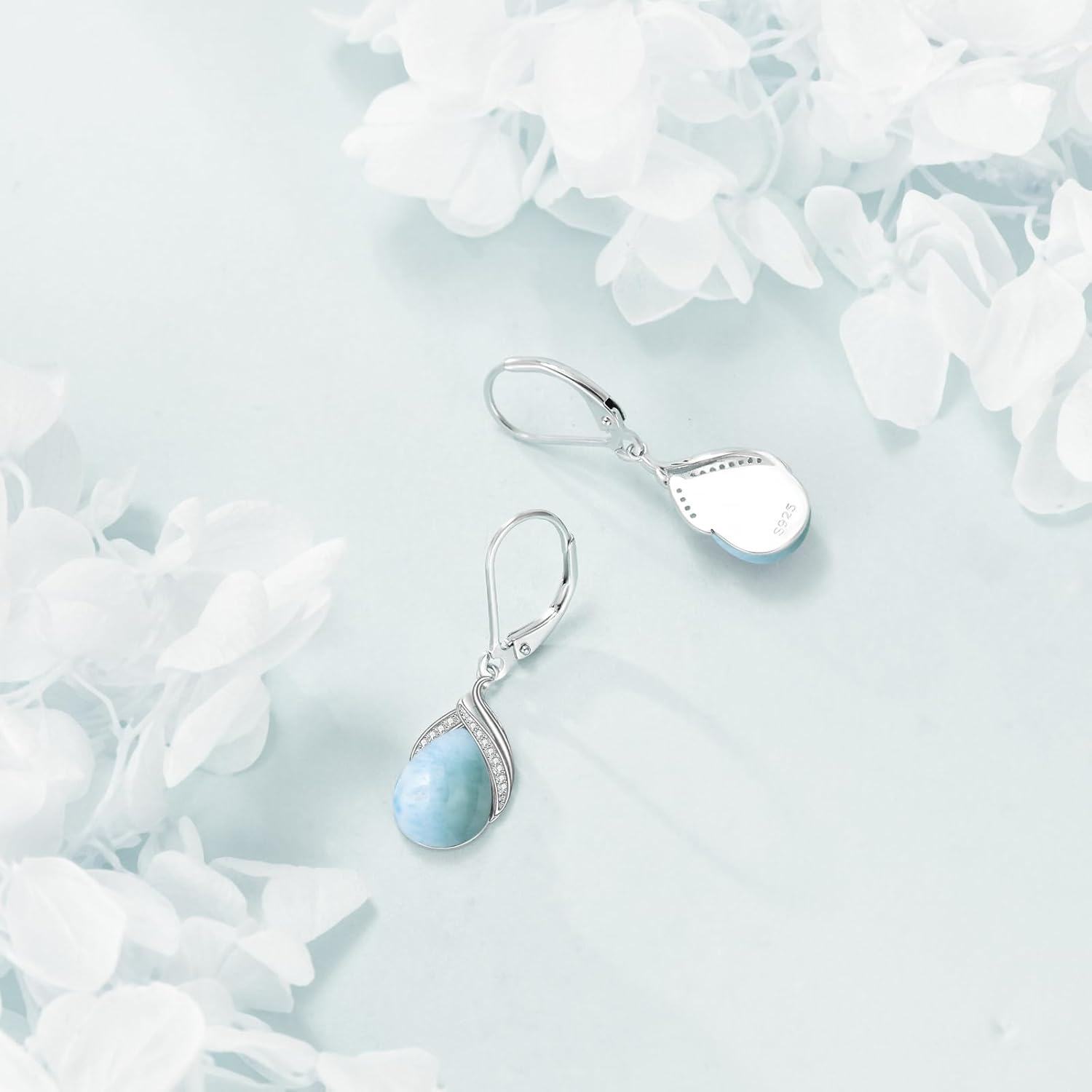 wholesale 925 Sterling Silver Blue Larimar Stone Drop Earring with White Crystal Accents-0-3