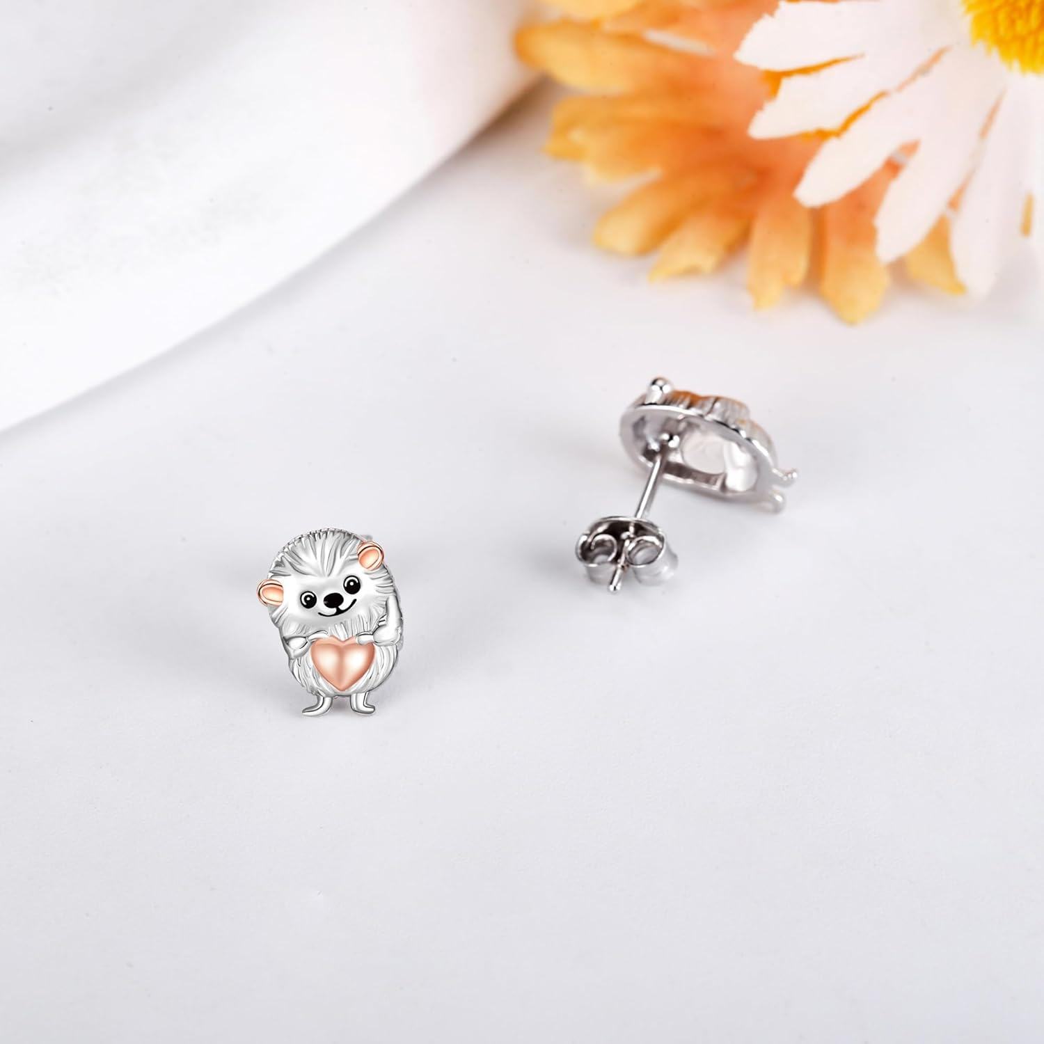 925 Sterling Silver Cute Hedgehog Heart Stud Earrings for Women Girls  4PCs Set-0-2