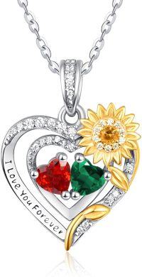 wholesale Sterling Silver 2 Birthstones Sunflower Heart Necklace for Women-01-05-Jan-May