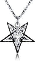 wholesale 925 Sterling Silver Satanist Baphomet Goat Head Pendant with Inverted Pentagram Necklace-0-0