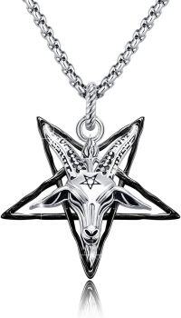 wholesale 925 Sterling Silver Satanist Baphomet Goat Head Pendant with Inverted Pentagram Necklace-Black