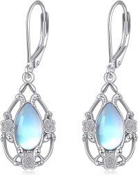 wholesale 925 Sterling Silver Blue Moonstone Flower Teardrop Dangle Earrings Leverback s for Women Girls-Flower Earrings