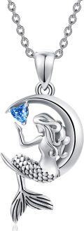 wholesale 925 Sterling Silver Mermaid Moon Heart Blue Crystal Pendant Necklace s for Women Girls-0-0