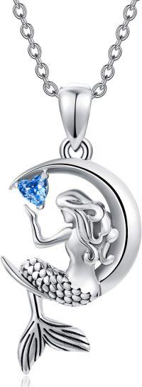 wholesale 925 Sterling Silver Mermaid Moon Heart Blue Crystal Pendant Necklace s for Women Girls-Classic