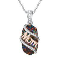 wholesale 925 Sterling Silver Mom Pendant Necklace Wholesale With Zircon Accent And Engraved Mom Script-Mom-Black Opal
