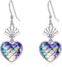 wholesale 925 Sterling Silver Heart-Shaped Mermaid Scale Drop Earrings with Purple Crystal Accents-Shell-A