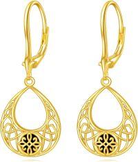 wholesale Gold 925 Sterling Silver Black Onyx Tourmaline Celtic Knot Drop Leverback Earrings-Celtic Knot