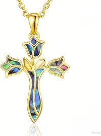 wholesale 925 Sterling Silver Dreamboat Cross Necklace with Abalone Shell Pendant for Women Christian Jewelry Confirmation Gifts Faith Religious Accessories-Gold-Abalone-Flower
