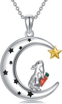 wholesale 925 Sterling Silver Moon & Star Pendant Necklace w/ Bunny and Carrot Stone Charm Gifts for Her-Bunny and Moon