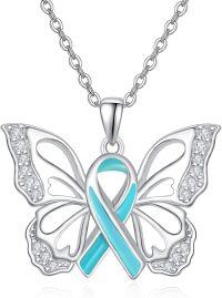 wholesale 925 Sterling Silver Teal Ribbon Butterfly Pendant Necklace - PTSD Awareness s for Women-Teal-Ovarian Cancer\/PTSD