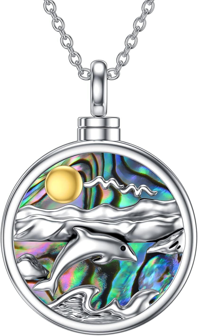 925 Sterling Silver Dolphin & Ocean Waves Abalone Shell Cremation Pendant Necklace-0-0