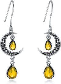 wholesale Sterling Silver Moon Earrings w Emerald Amethyst Ruby Sapphire Pink Peridot Aquamarine Citrine Black Rainbow Topaz Celtic Dangle Drops-Yellow