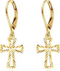wholesale 14K Gold Cross Leverback Earrings for Women-Sparkling Cross Earrings